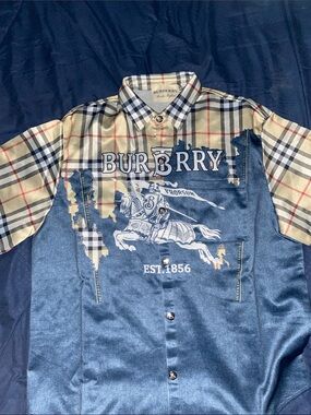 Burberry Navy Blue and Beige Plaid Logo Button-Down Shirt
